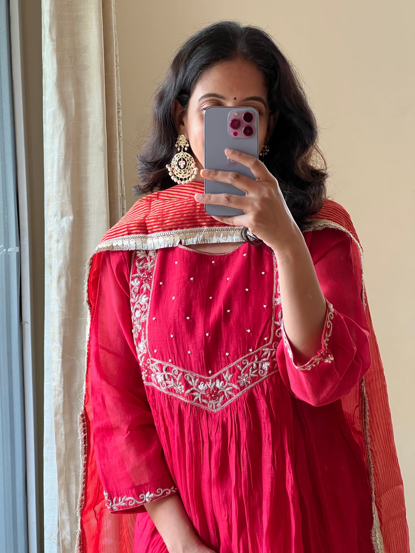 A0471 red mul chanderi 3 piece set with zardosi hand embroidery detailing on yoke part