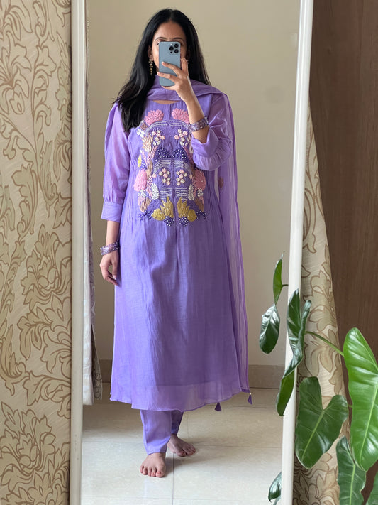 A0582 purple mul chanderi 3 piece dress with applique work embroidery over the yoke part & butties all over the dupatta