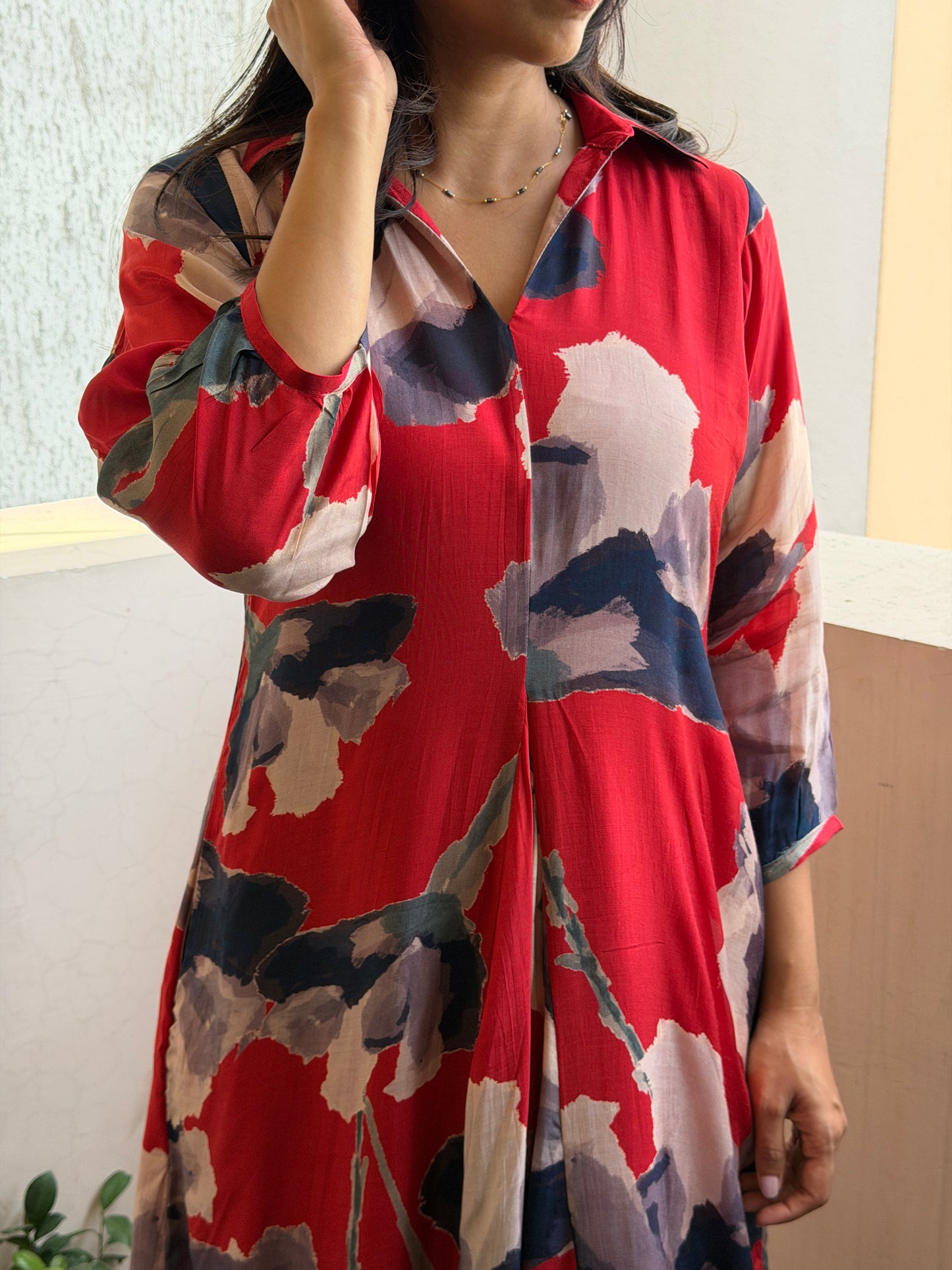 A0782 Red Cotton Silk in abstract print, with black and brown touch