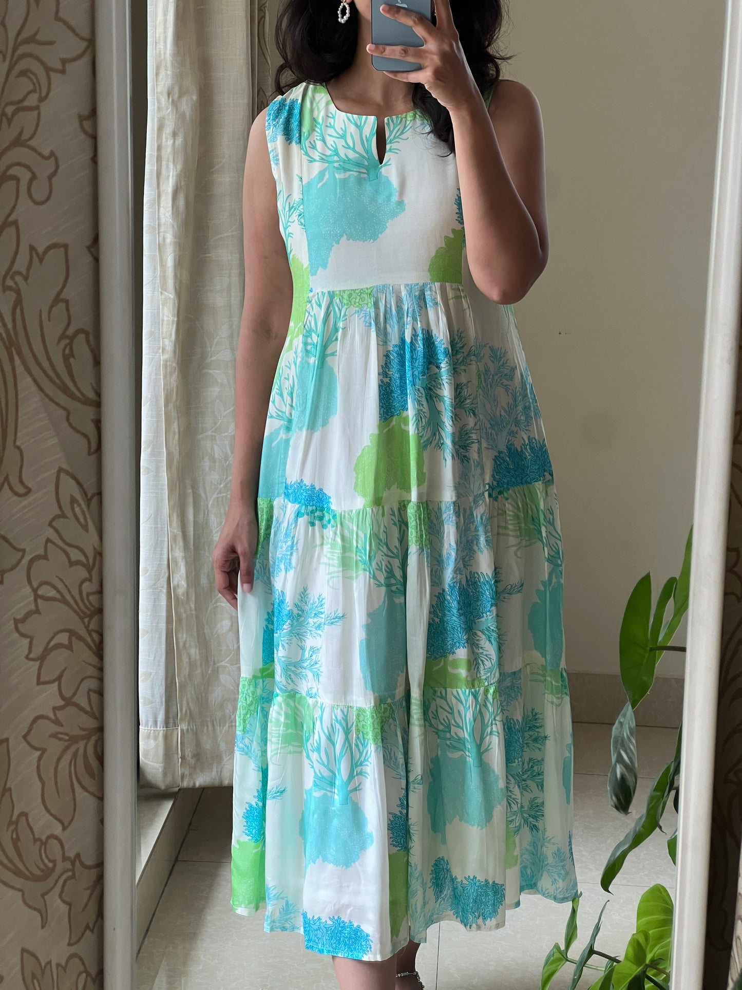 A0526 white & blue premium cotton silk one piece floral printed dress, sleeves can be attached