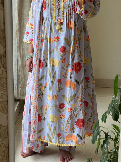 A0479 blue pure cotton floral digital printed 3 piece set