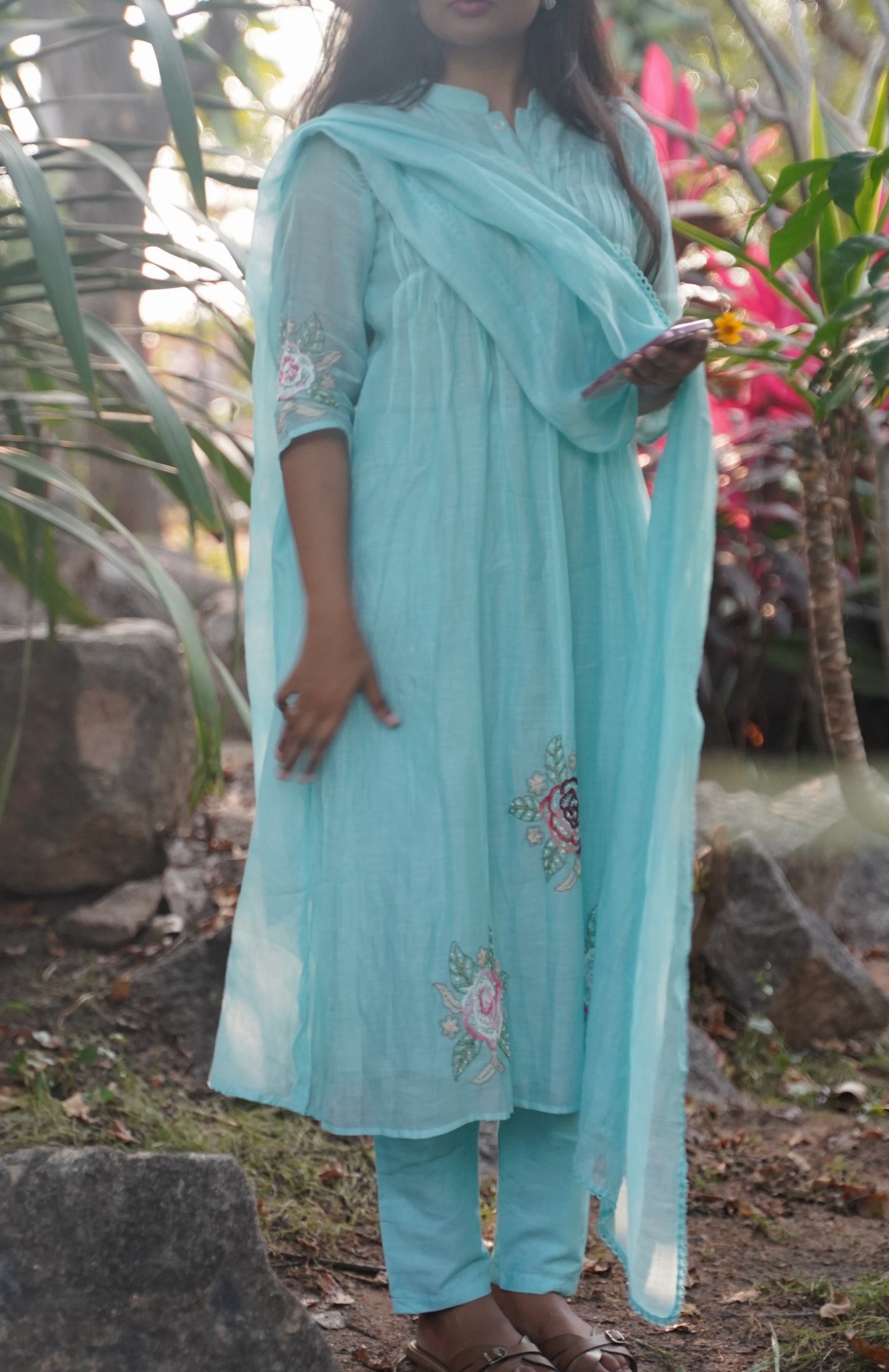 A0587 sea blue mul chanderi 3 piece dress with floral hand embroidery detailing & pleats detailing on yoke part