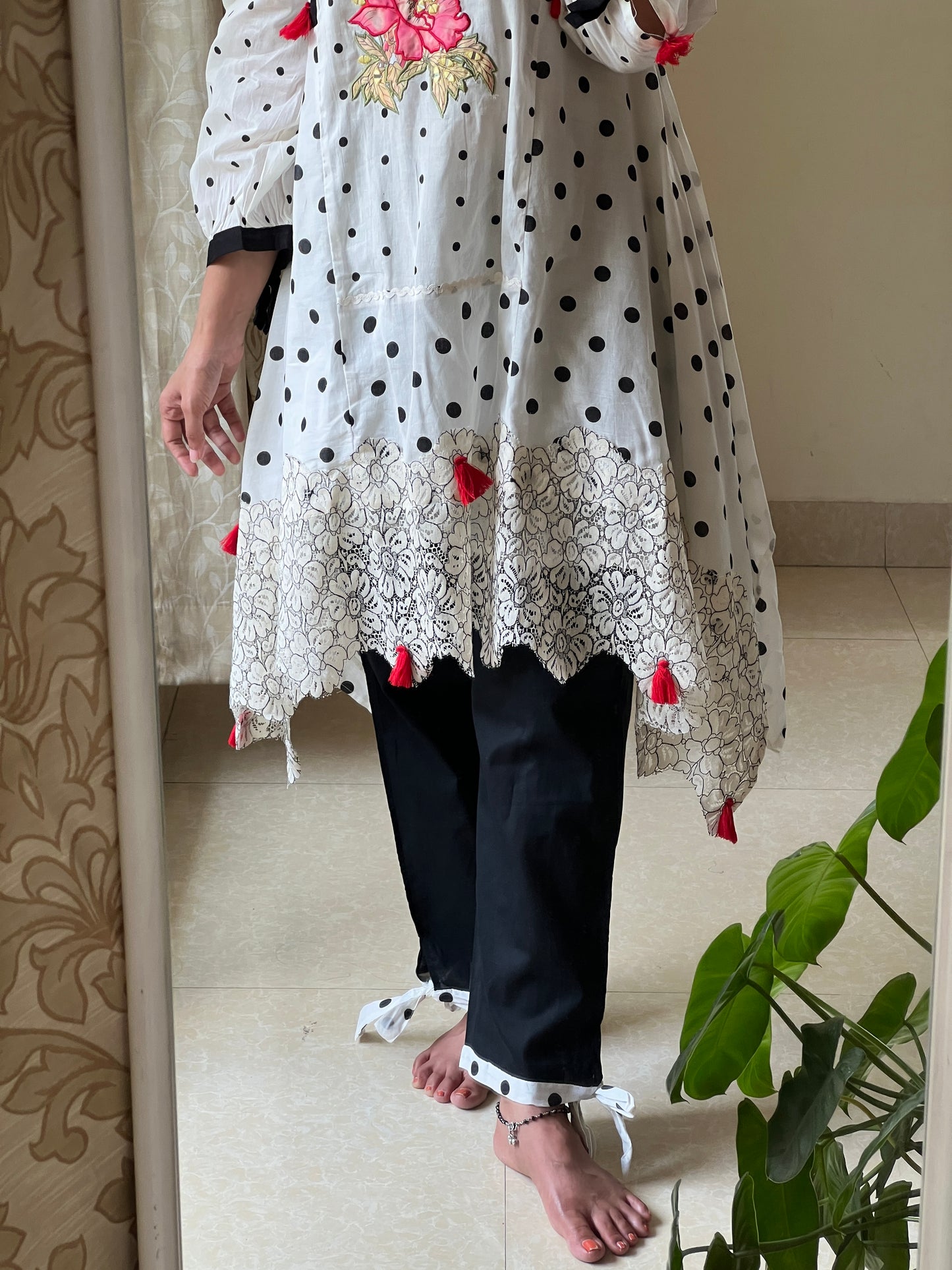 A0478 white & black cotton 2 piece dress with machine embroidery detailing