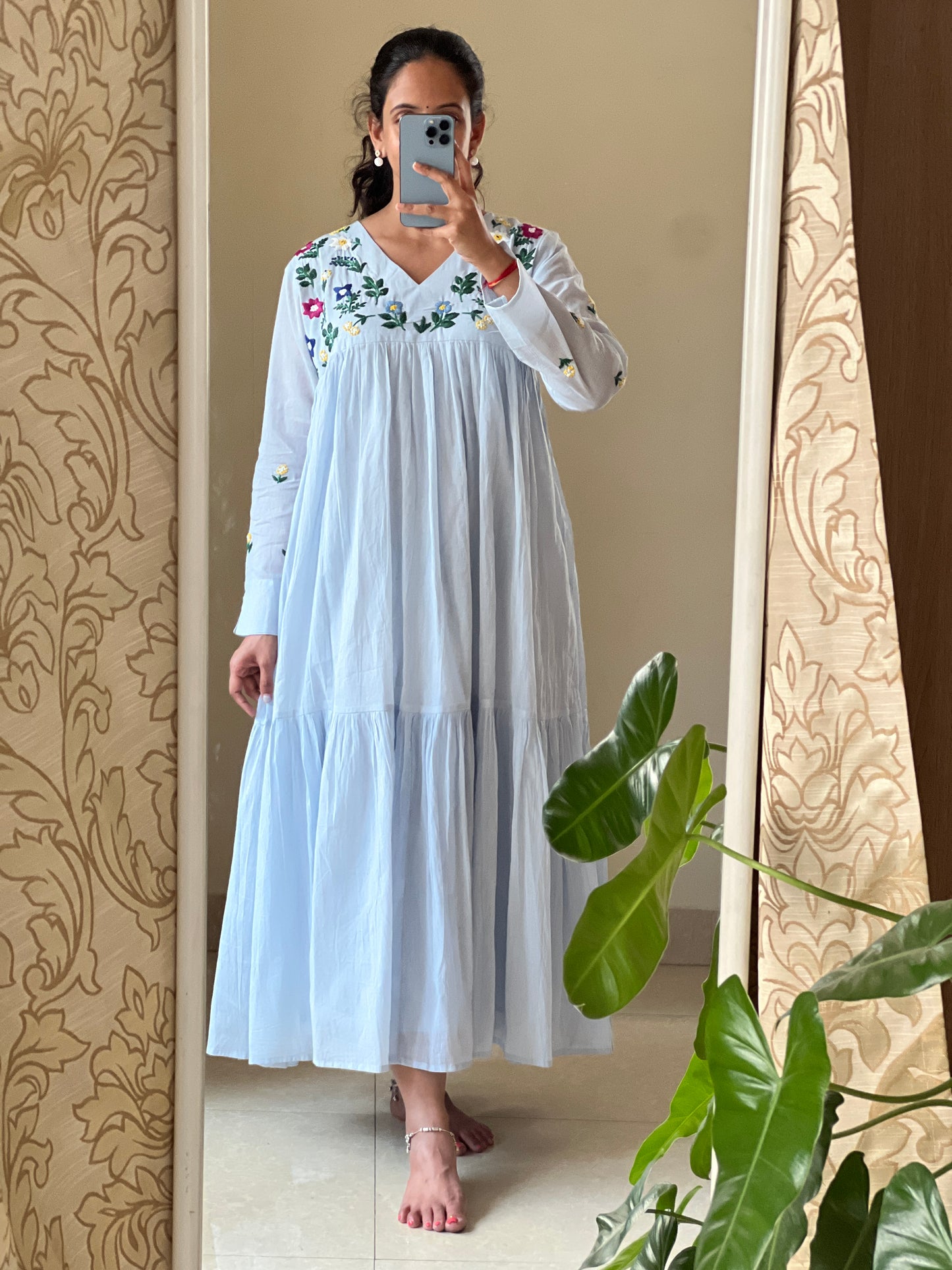 A0648 ice blue Mulmul one piece dress with hand embroidery detailing on yoke part