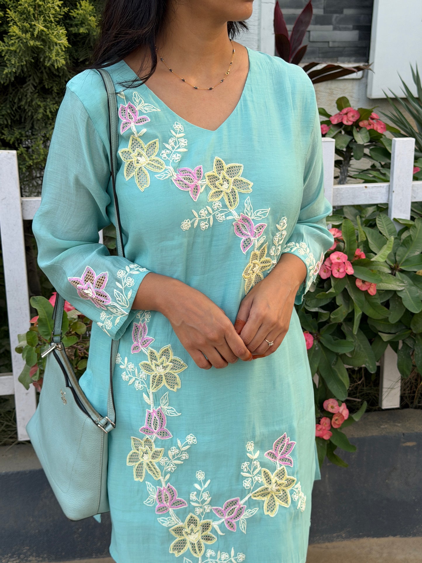 A0810 Mul Chanderi Powder Blue coordset with thread applique work