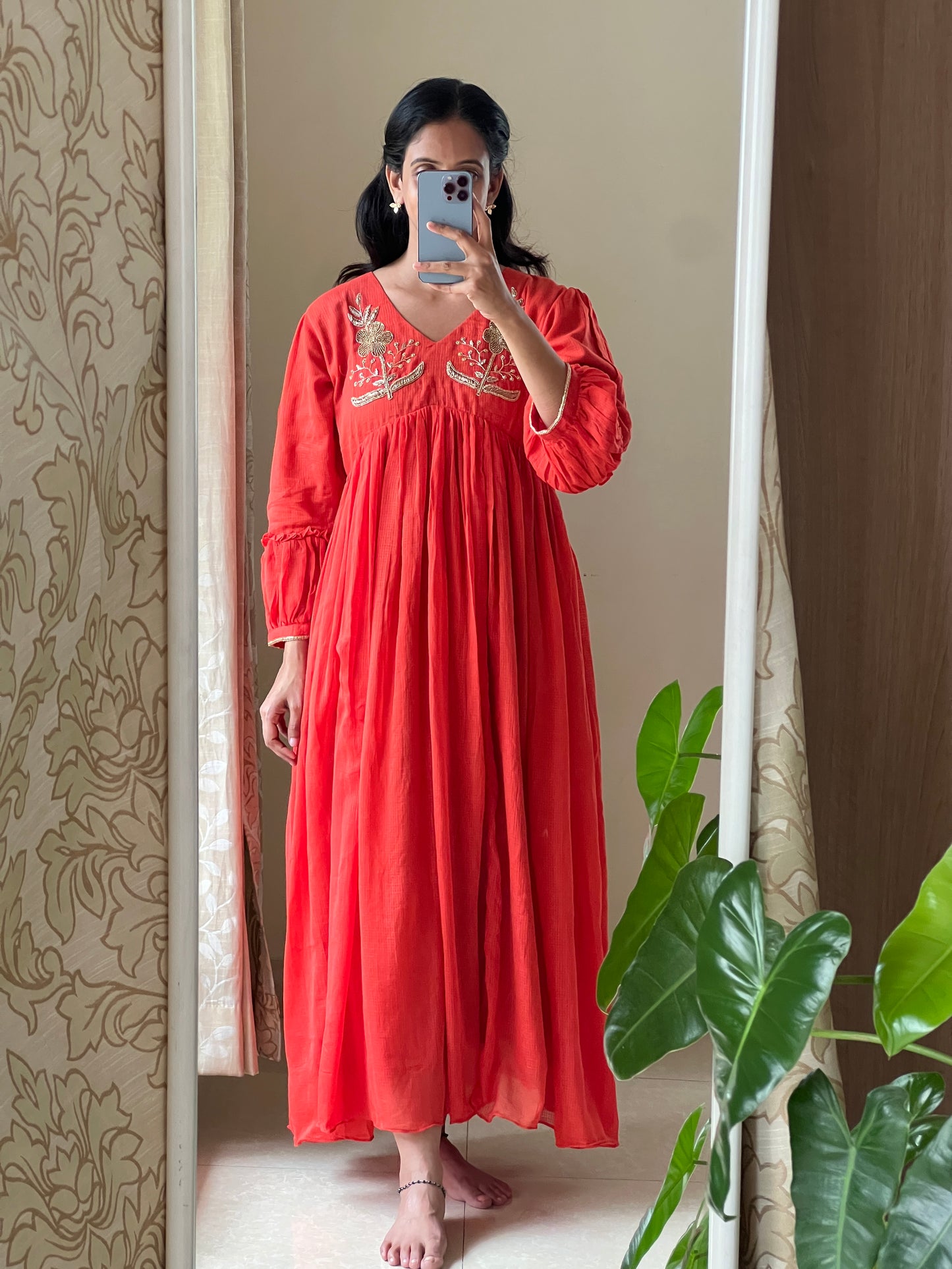 A0506 orange cotton kota one piece dress with hand embroidery detailing on yoke part