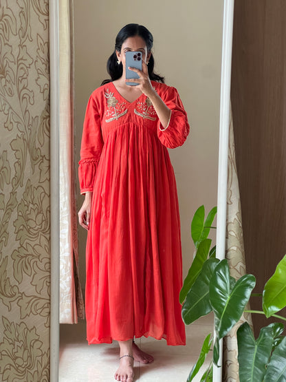 A0506 orange cotton kota one piece dress with hand embroidery detailing on yoke part