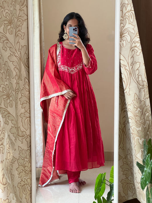 A0471 red mul chanderi 3 piece set with zardosi hand embroidery detailing on yoke part