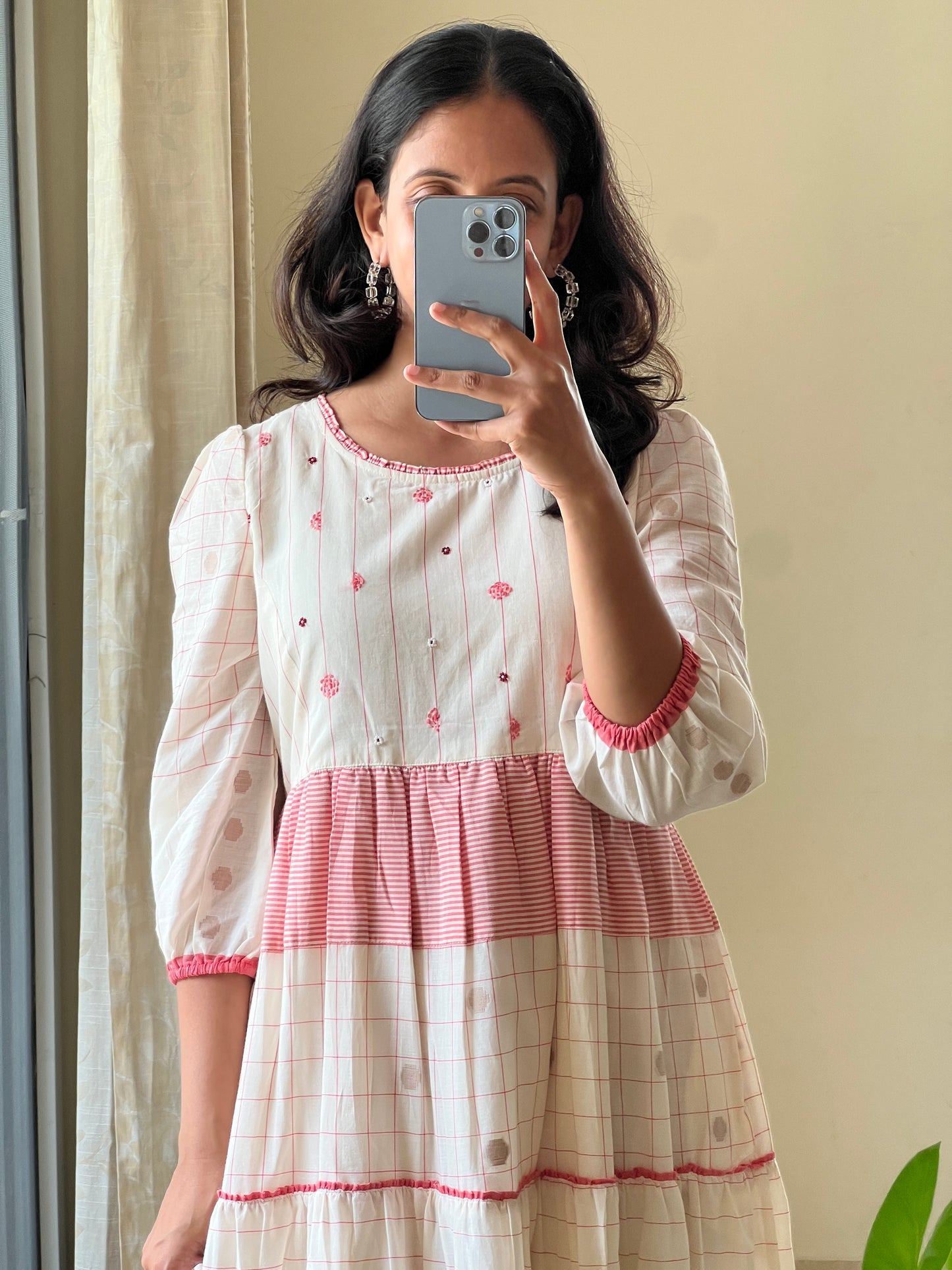 A0520 white & red Bengal cotton jamdani one piece dress with hand embroidery detailing on yoke part