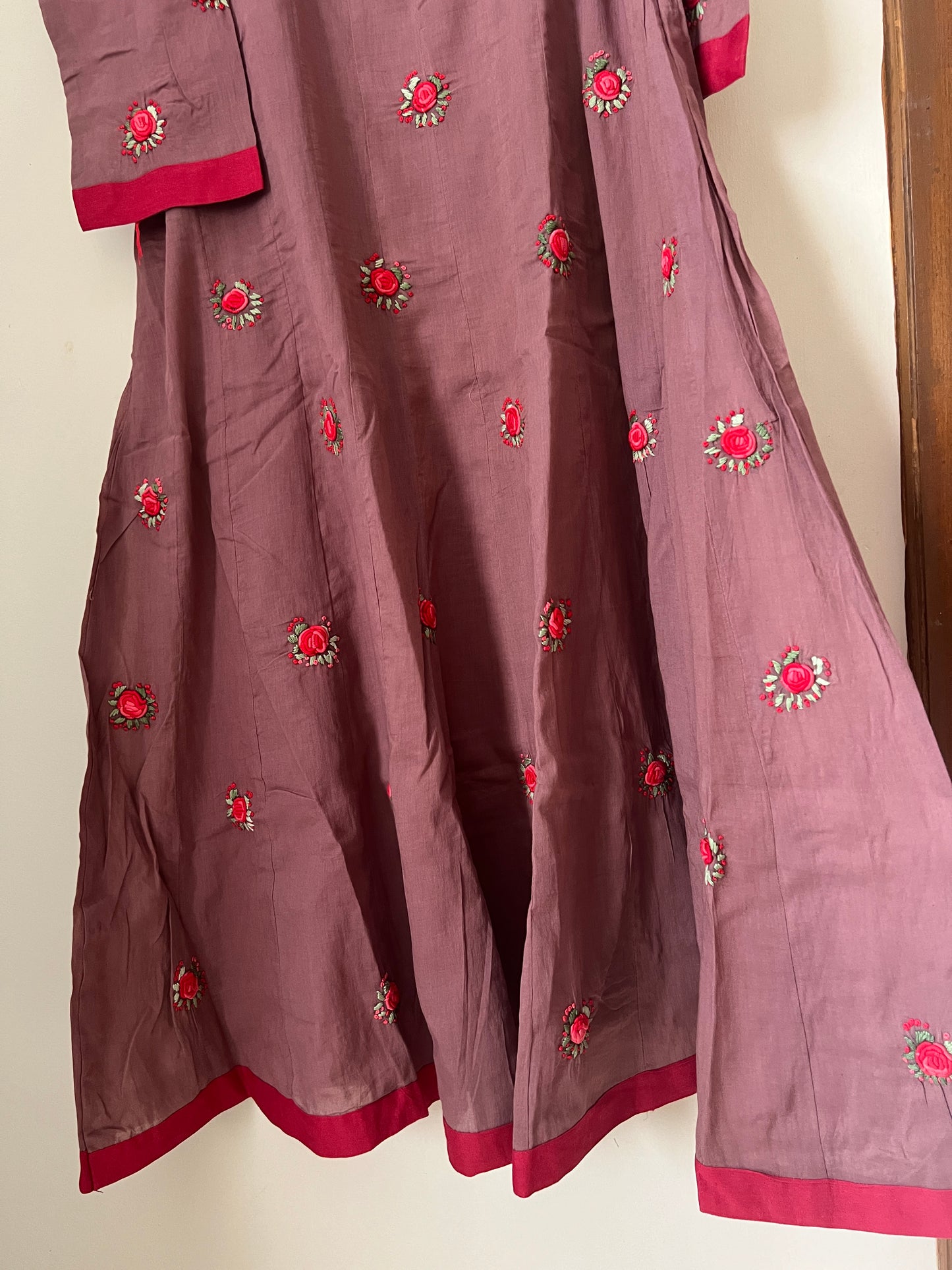 A0200 Mulmul khali model two piece dress with rose hand embroidery detailing
