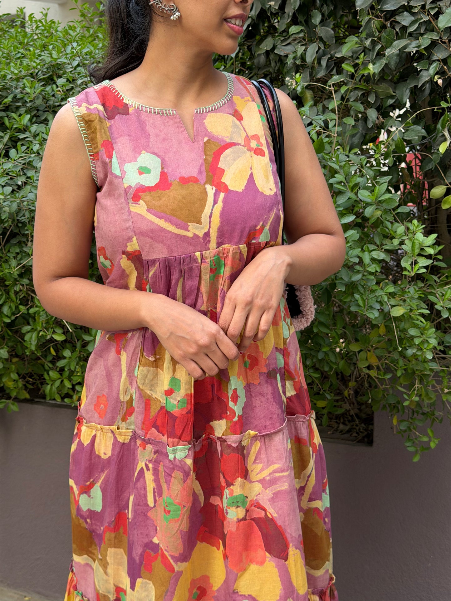 A0614 Onion pink budget friendly mul cotton frock, sleeves provide (6-7 inches)