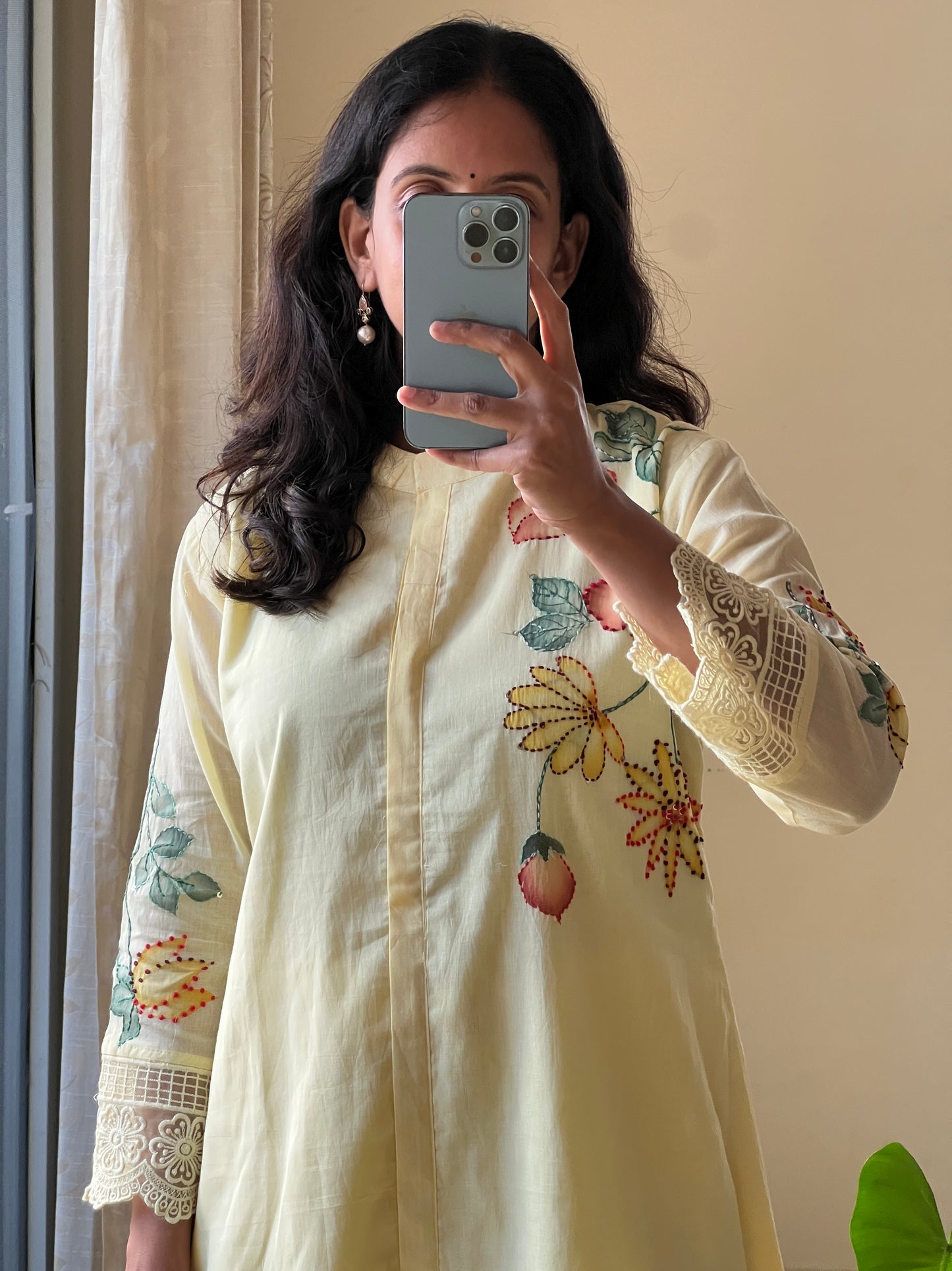 A0542 yellow Mulmul 2 piece dress with hand paint & hand embroidery detailing