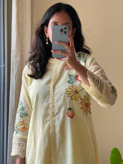 A0542 yellow Mulmul 2 piece dress with hand paint & hand embroidery detailing
