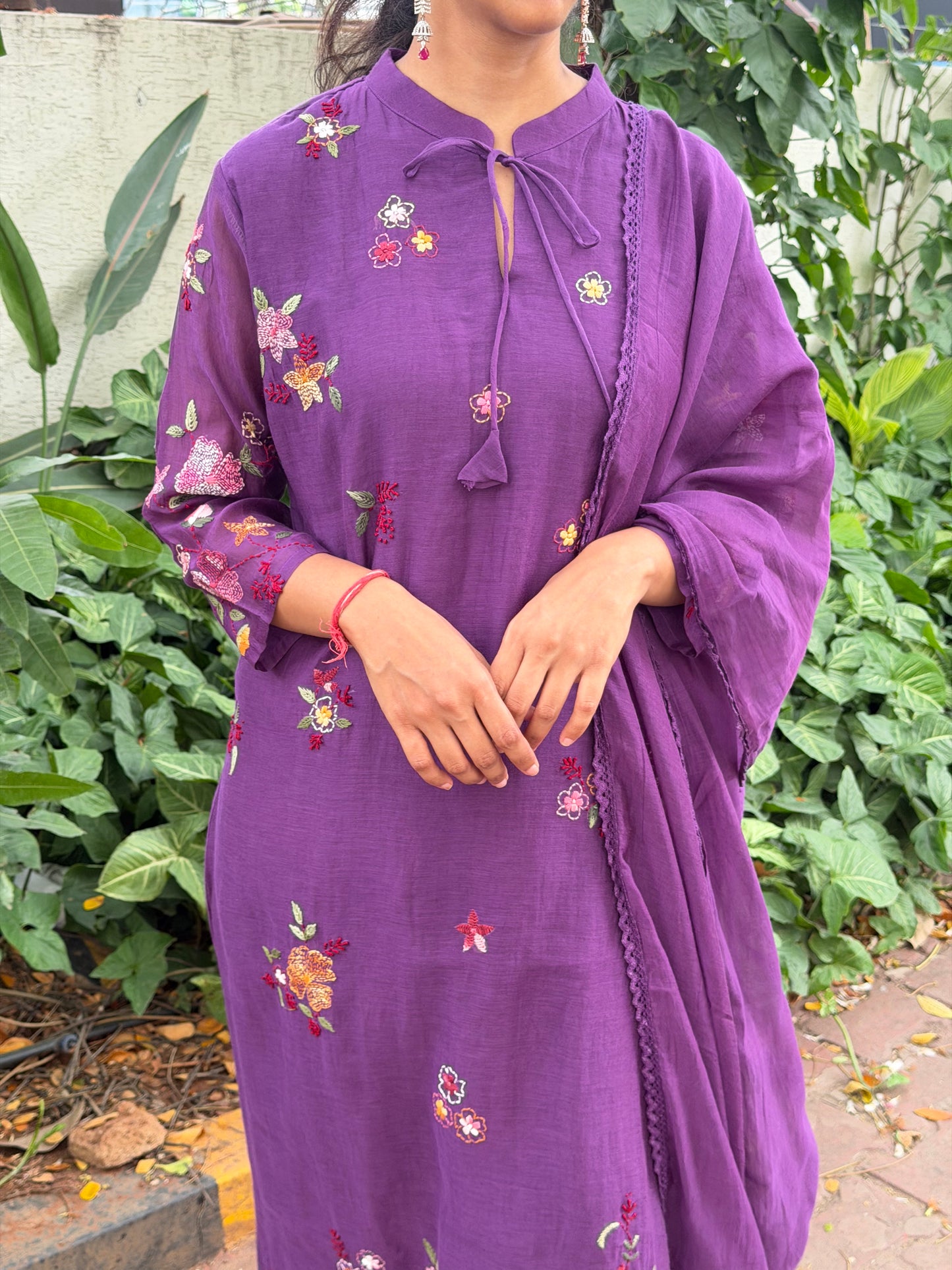 A0687 Premium Mul Chanderi 3pc set with floral hand embroidery details