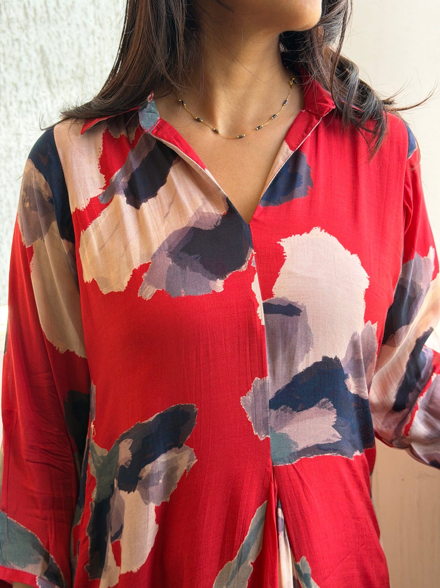 A0782 Red Cotton Silk in abstract print, with black and brown touch