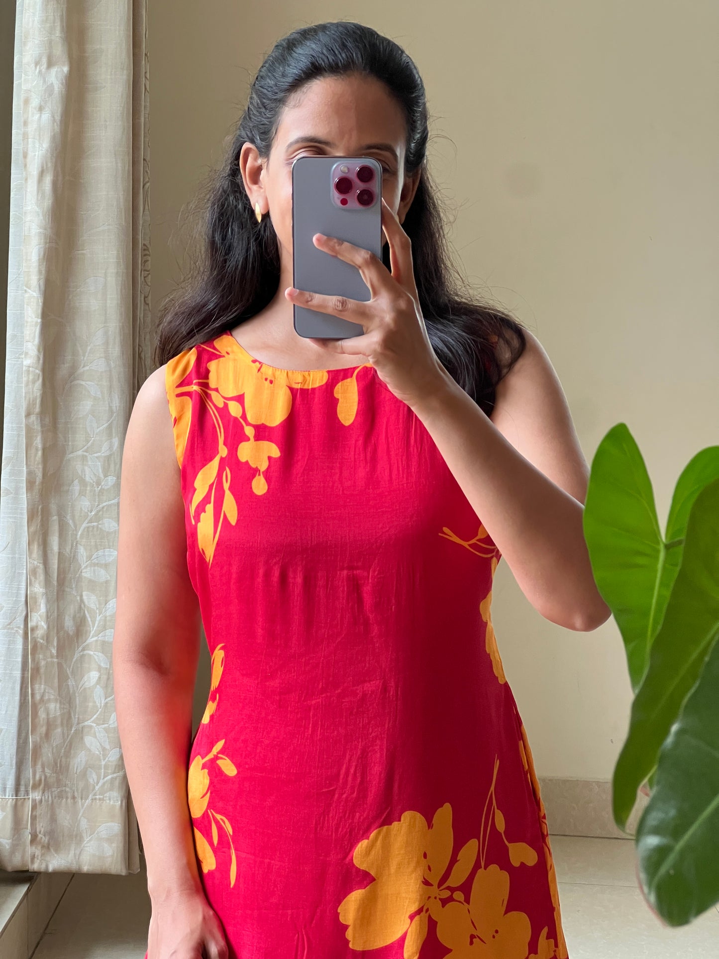 A0512  red & yellow cotton silk one piece dress with digital floral printed pattern, sleeves are provided inside