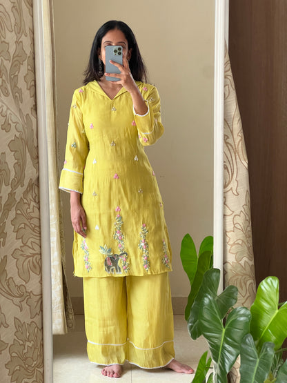 A0515 yellow mul chanderi 2 piece dress with hand paint & hand embroidery detailing