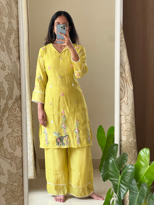 A0515 yellow mul chanderi 2 piece dress with hand paint & hand embroidery detailing