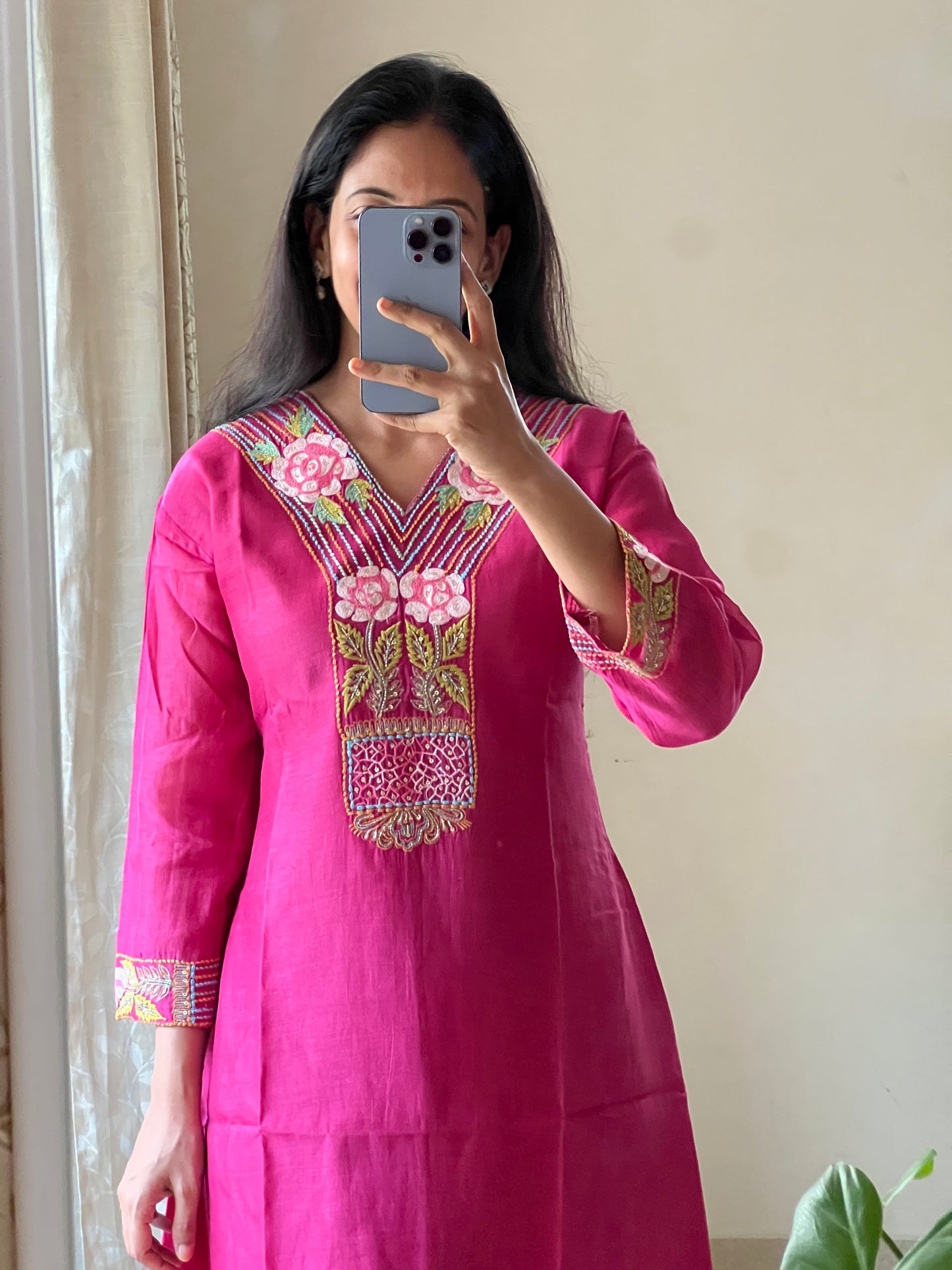 A0148 Pink mul chanderi one piece Dress with hand embroidery Detailing