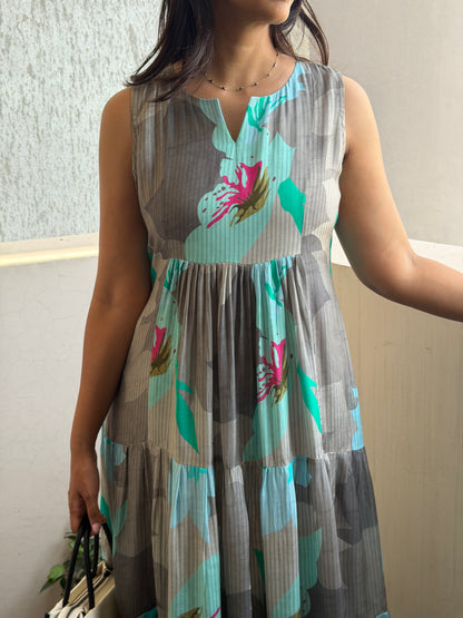 A0784 Grey and Blue abstract print dress in pure cotton silk fabric in 3-tier style
