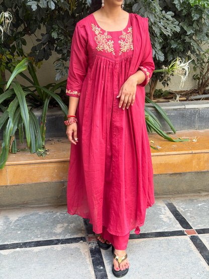 A0658 maroon Mul cotton 3pc set with embroidery detailing