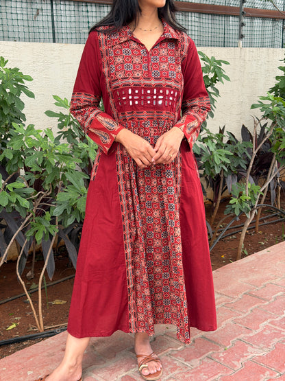 A0801 Red Ajrak pure cotton A-line dress