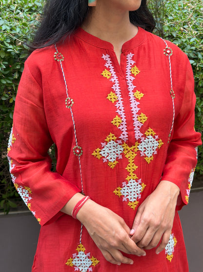 A0673 rust mul Chanderi 2 piece set with Kutch work hand embroidery detailing all over the top
