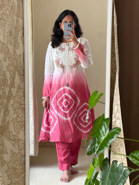 A0501 white & peach tie dye mul chanderi coord set with hand embroidery detailing on yoke part