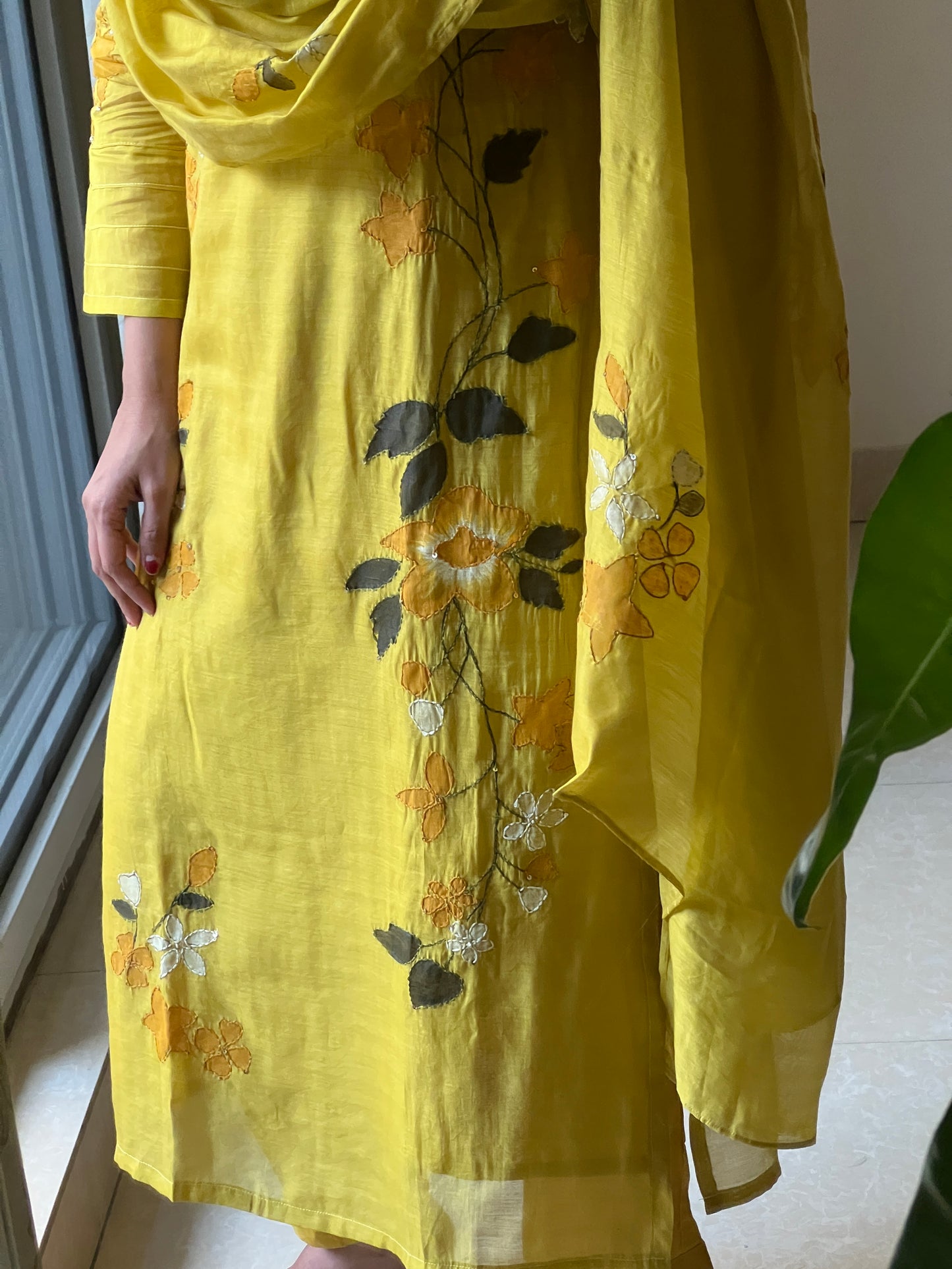 A0627 yellow mul chanderi 3 piece straight cut suit with hand painted & hand embroidery detailing