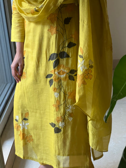 A0627 yellow mul chanderi 3 piece straight cut suit with hand painted & hand embroidery detailing