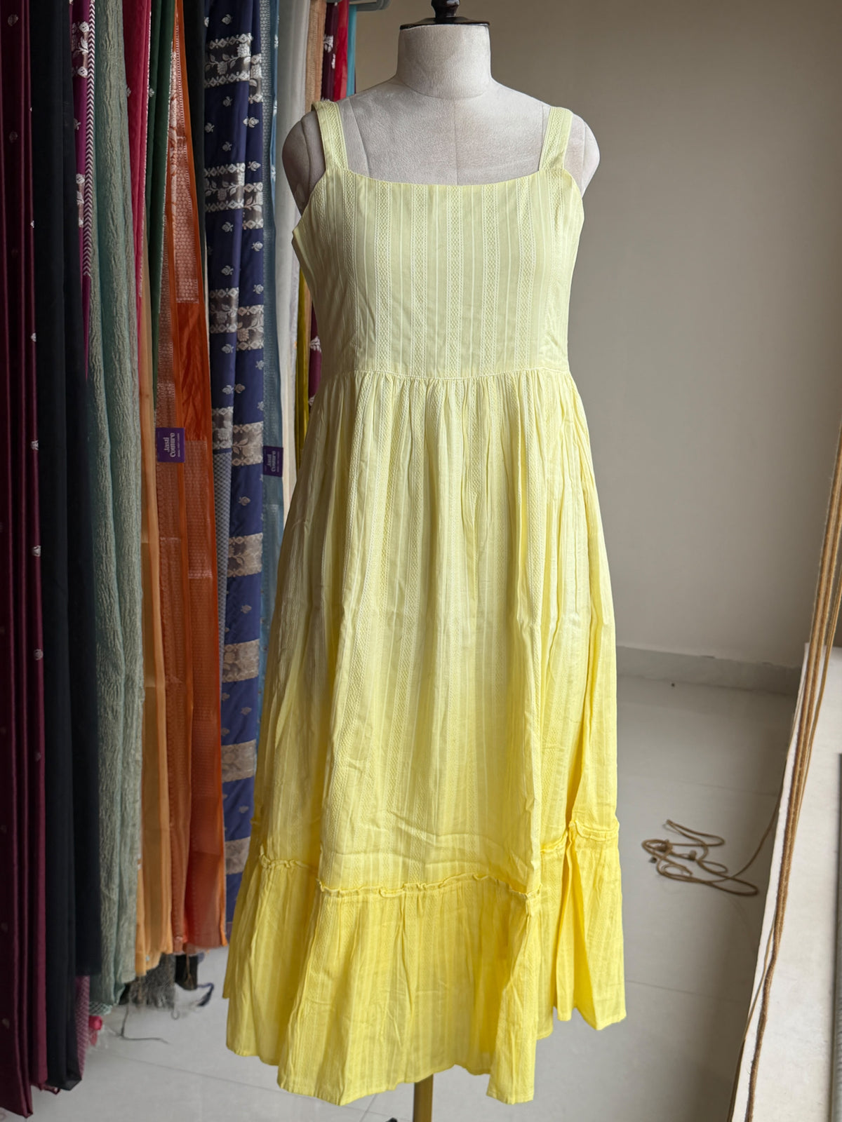 Yellow shaded cotton self design sleeveless dress