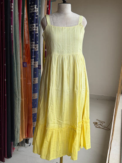Yellow shaded cotton self design sleeveless dress