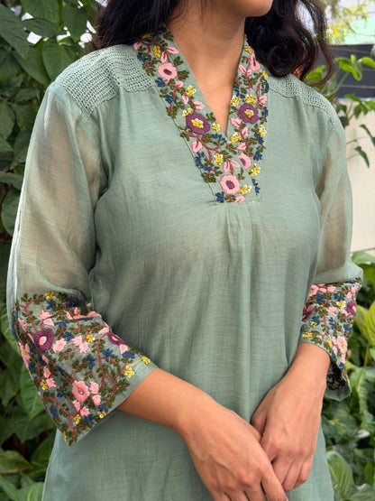 A0619 green Mul chanderi coord set with hand embroidery & lace detailing