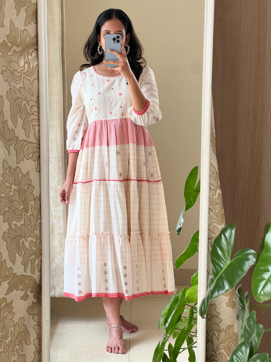 A0520 white & red Bengal cotton jamdani one piece dress with hand embroidery detailing on yoke part