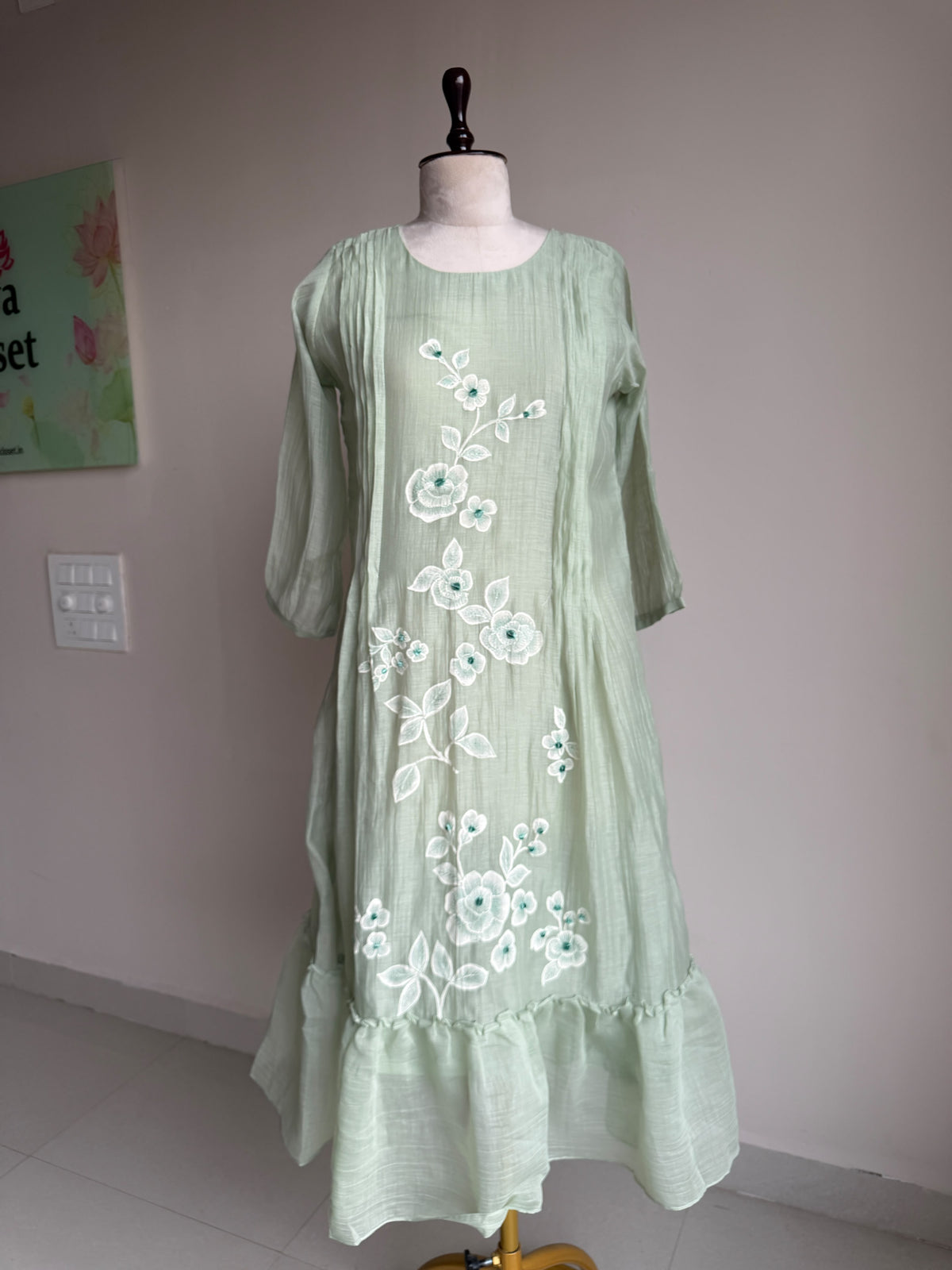A0851 pista green mul chanderi hand painted one piece dress
