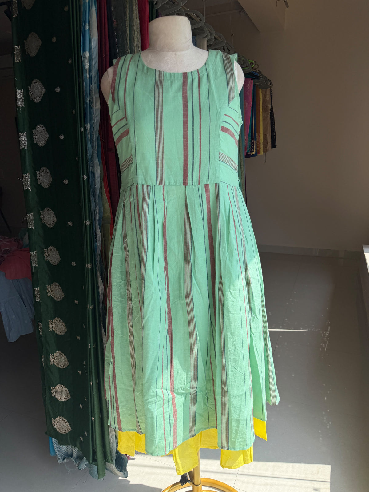 Green & yellow Jamdani on piece dress