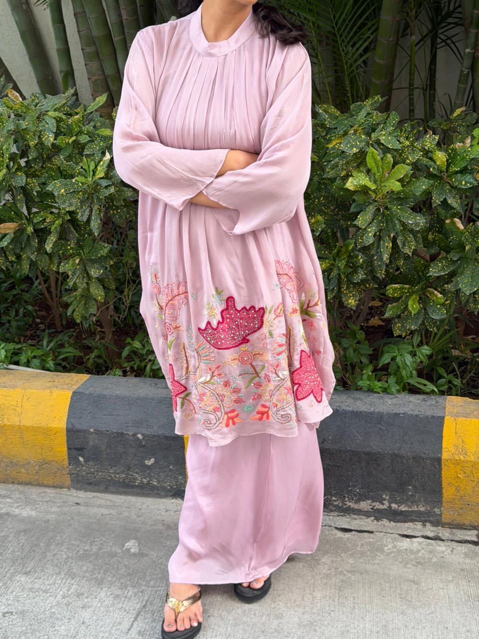 A0623 lavender chinnon coord set with applique & hand embroidery detailing