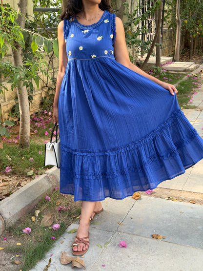 A0765 blue cotton one piece dress with hand embroidery detailing on yoke part