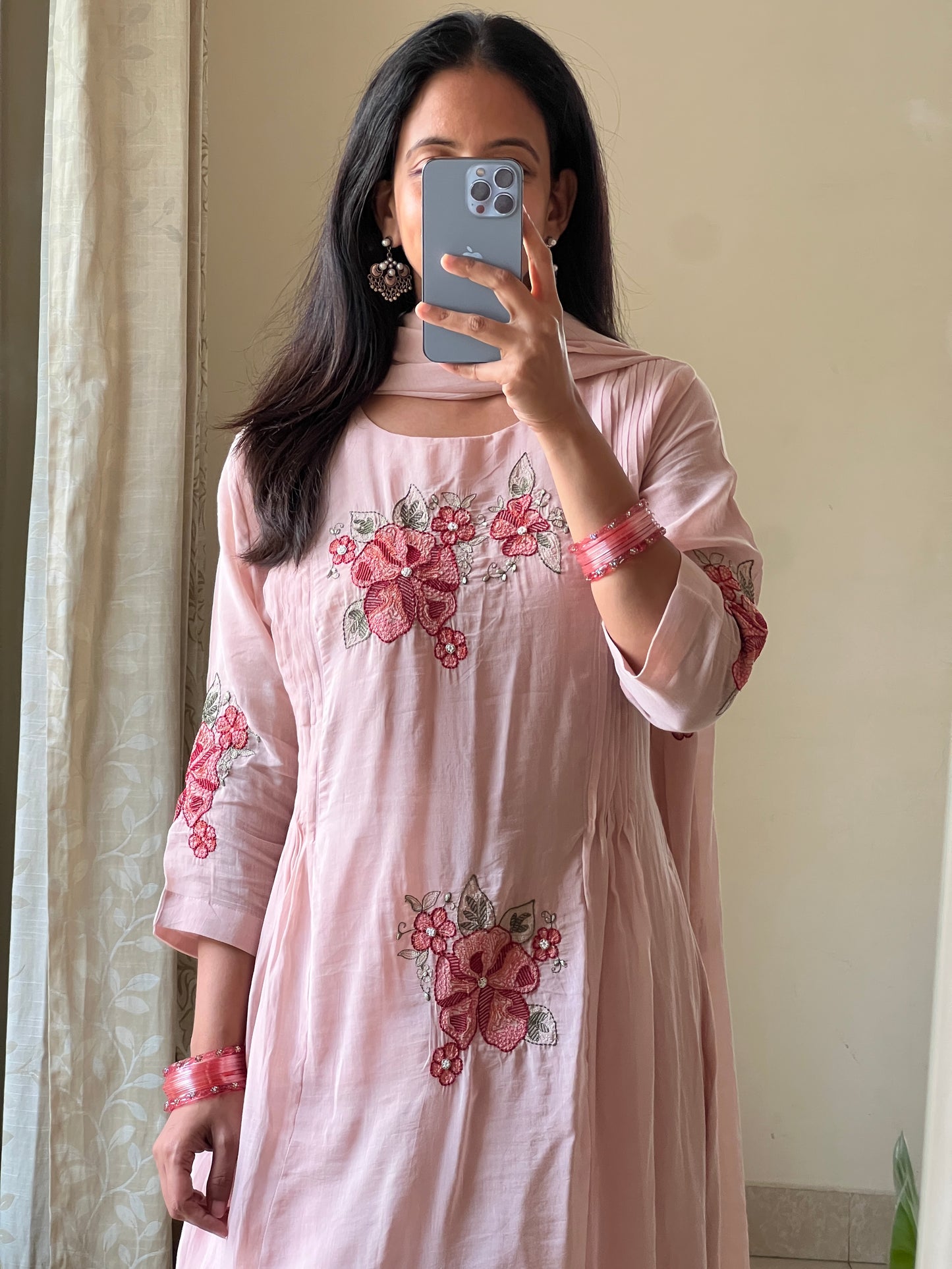 A0581 nude pink mul chanderi 3 piece dress with thread work embroidery all over the dress & pleats on both sides of the dress