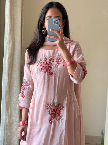 A0581 nude pink mul chanderi 3 piece dress with thread work embroidery all over the dress & pleats on both sides of the dress