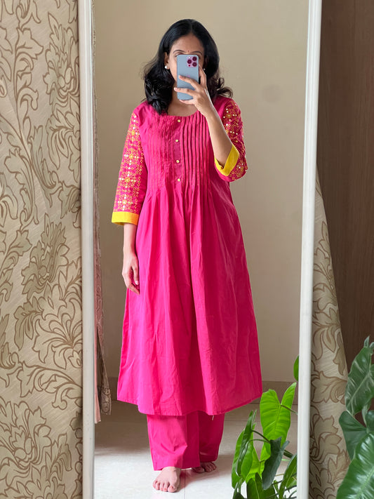 A0475 pink cotton 2 piece dress with yellow embroidery on hands