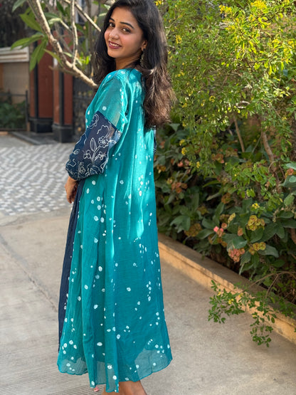 A0444 This stunning block-printed dress is crafted from a luxurious blend of premium MulChanderi fabric. Experience the ultimate in eco-friendly fashion and artistic detail of Block print.