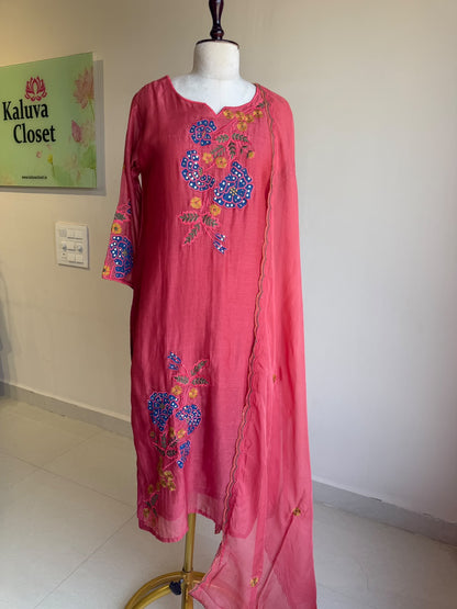 A0858 pink mul chanderi 3 piece dress with applique work