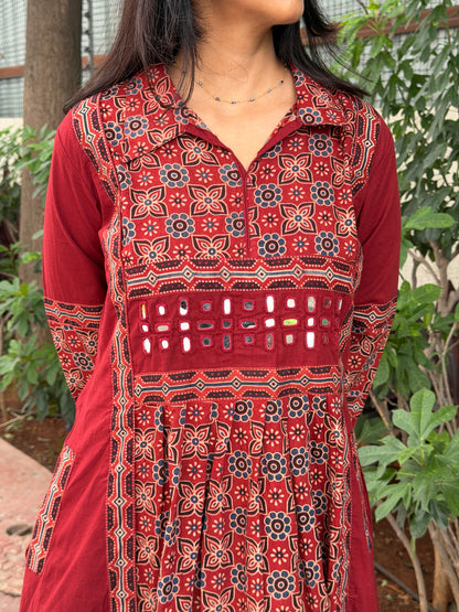 A0801 Red Ajrak pure cotton A-line dress