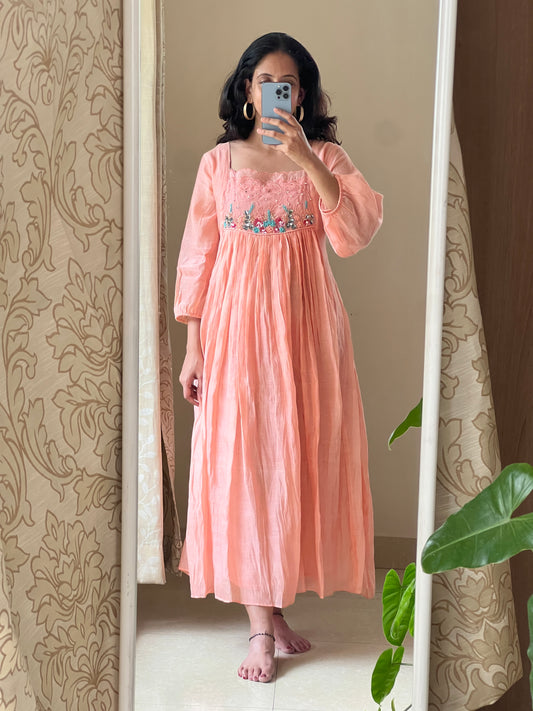 A0462 peach mul chanderi one piece dress with hand embroidery detailing on yoke part