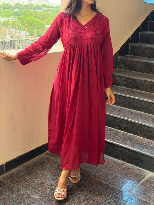 A0789 Marron Kota cotton bead embroidery dress