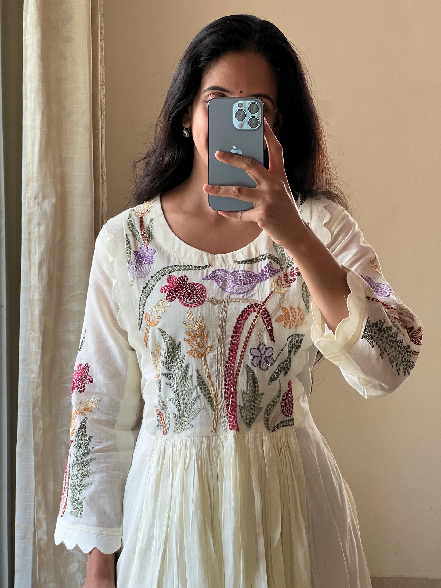 A0393 half white Mulmul one piece dress with kantha work detailing on yoke part