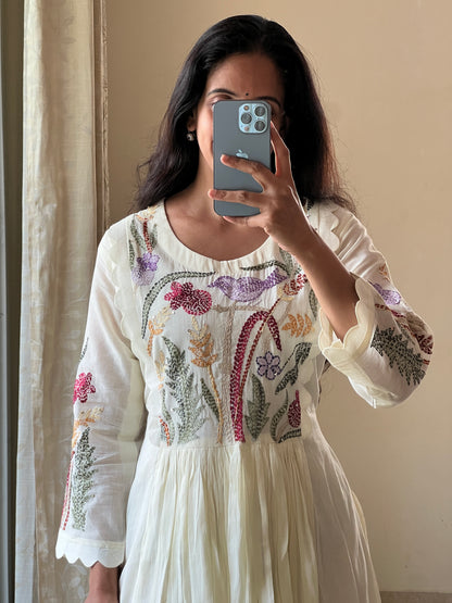 A0393 half white Mulmul one piece dress with kantha work detailing on yoke part