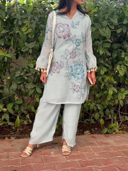 A0600 ice blue mul chanderi coord set with hand painted & knot work detailing all over the top