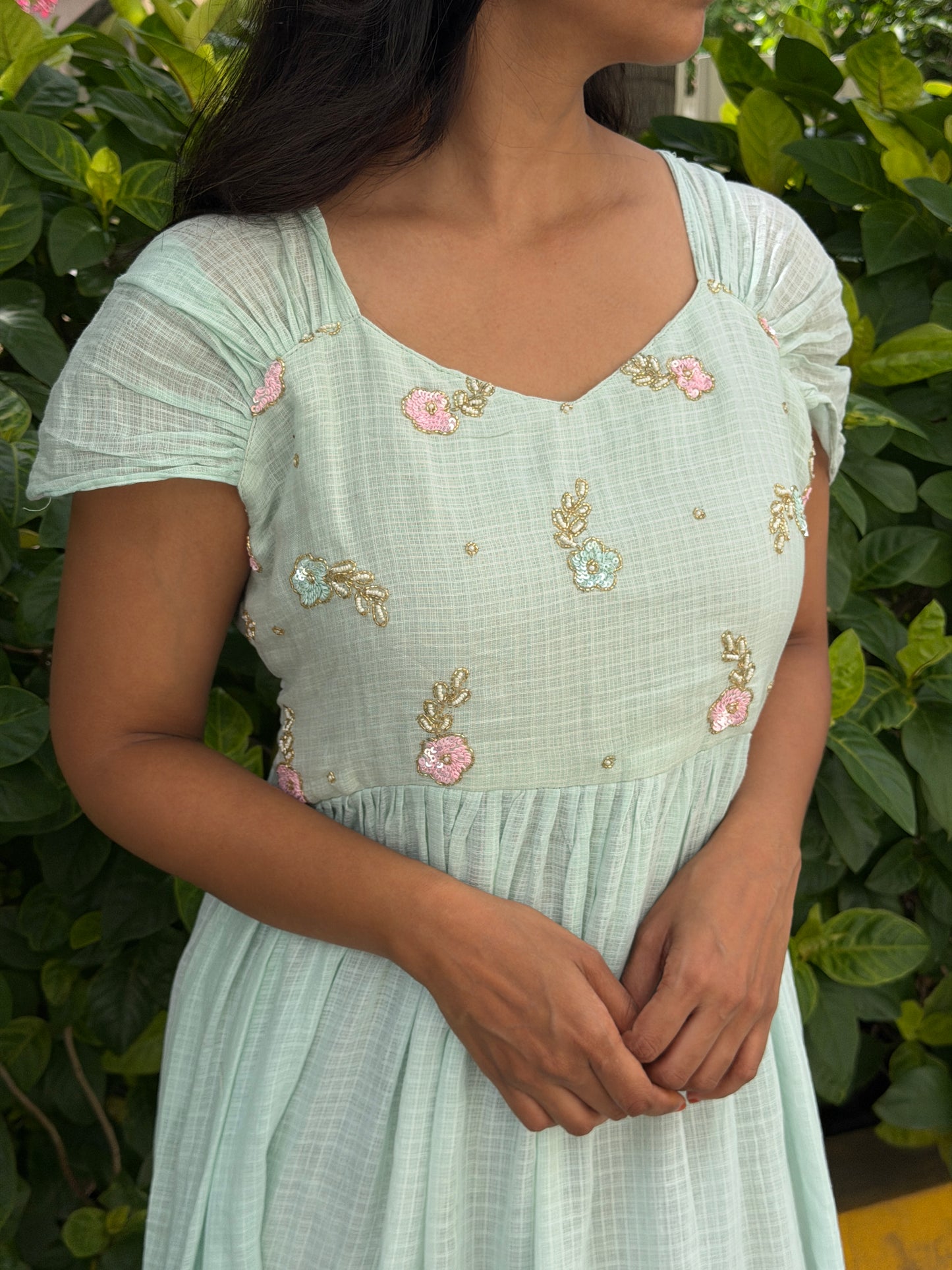A0819 Cotton kota Sea blue dress with beautiful sleeves pattern